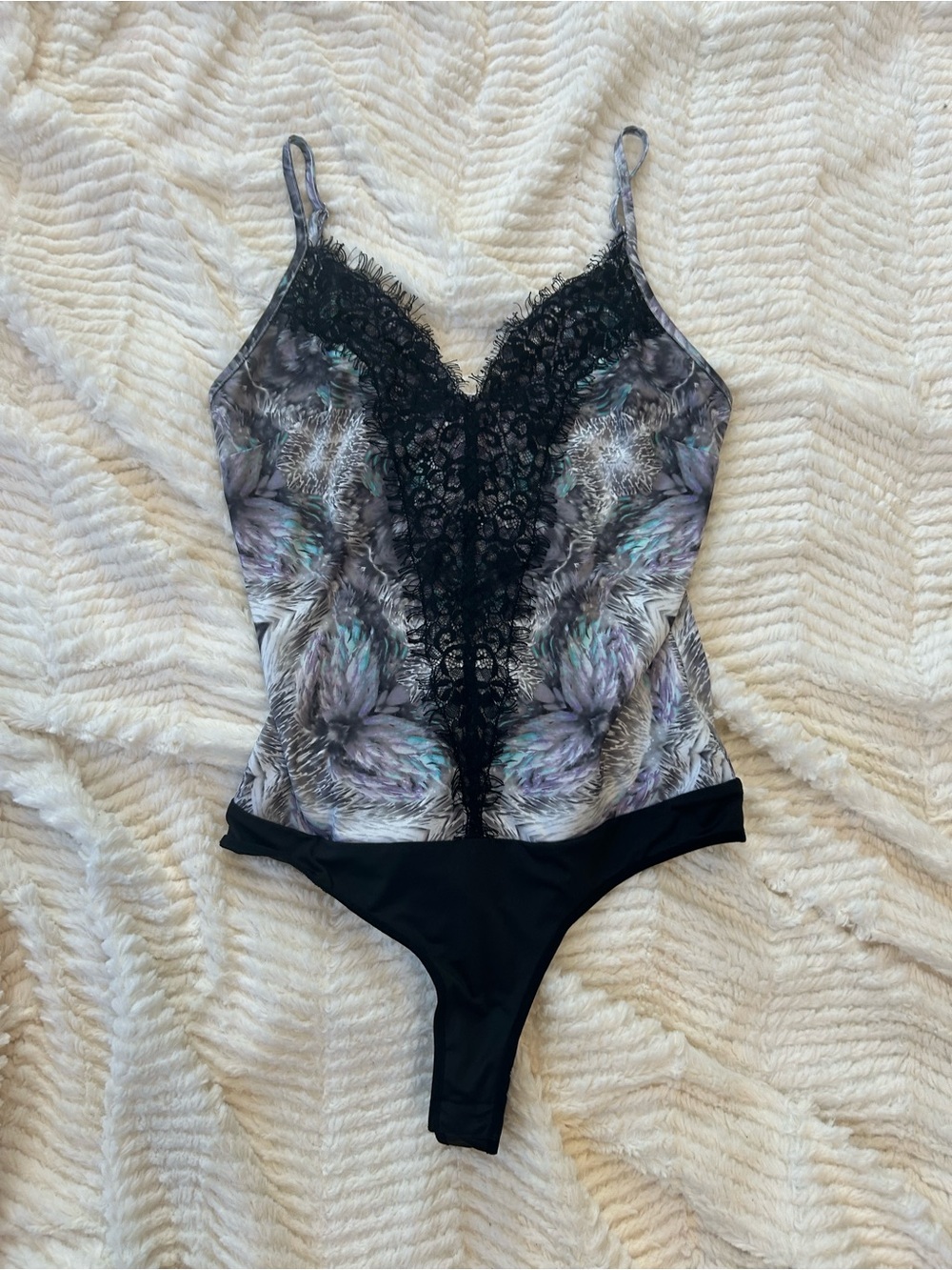 Bebe Multicolor Floral Lace Thong Bodysuit- Black & Cream